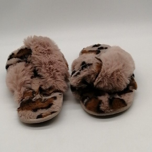 Loft Womens Slide Slipper Brown Beige Leopard Print Faux Fur Cross Straps M 7-8 - Picture 3 of 9